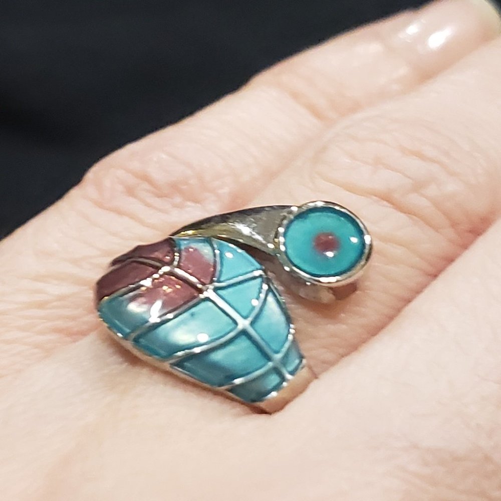 Turquoise Color Enamel Silver Ring - Size 6